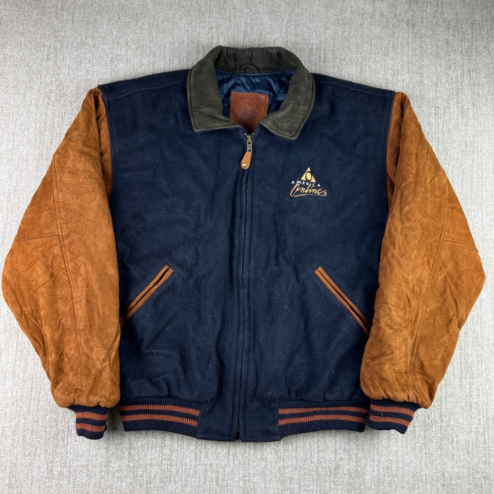 Golden Bear Varsity Jacket Mens Small Navy Blue AOL Tech Promo Wool Suede USA